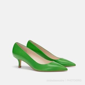 Zara Spring Green Leather Kitten Court Pumps 37 40